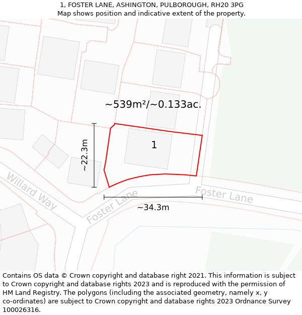 1, FOSTER LANE, ASHINGTON, PULBOROUGH, RH20 3PG: Plot and title map