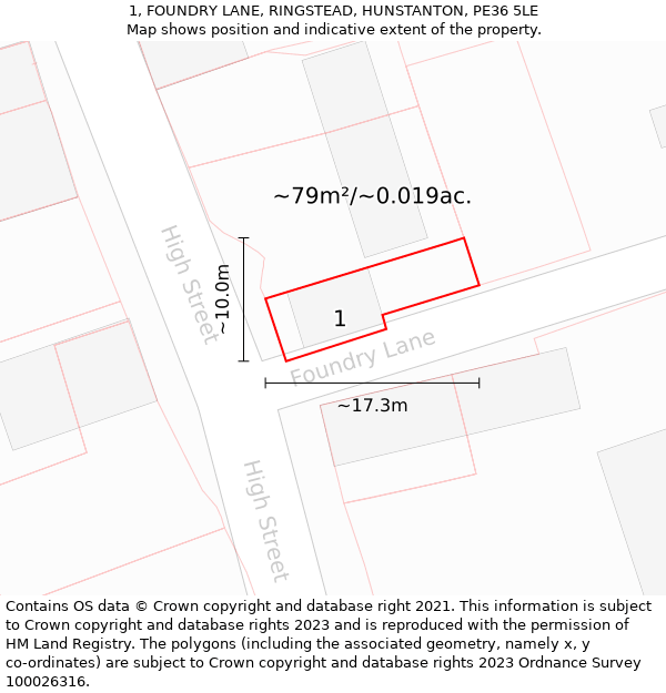 1, FOUNDRY LANE, RINGSTEAD, HUNSTANTON, PE36 5LE: Plot and title map