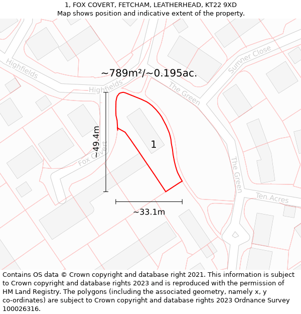 1, FOX COVERT, FETCHAM, LEATHERHEAD, KT22 9XD: Plot and title map