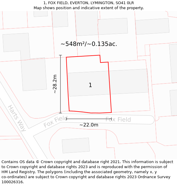 1, FOX FIELD, EVERTON, LYMINGTON, SO41 0LR: Plot and title map