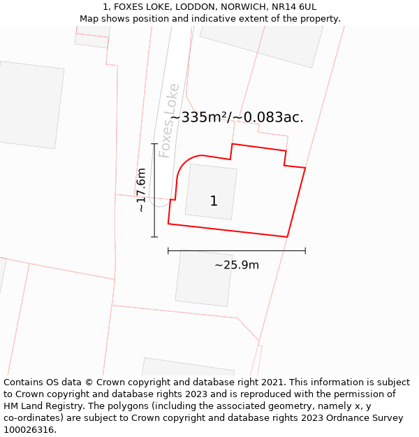 1, FOXES LOKE, LODDON, NORWICH, NR14 6UL: Plot and title map