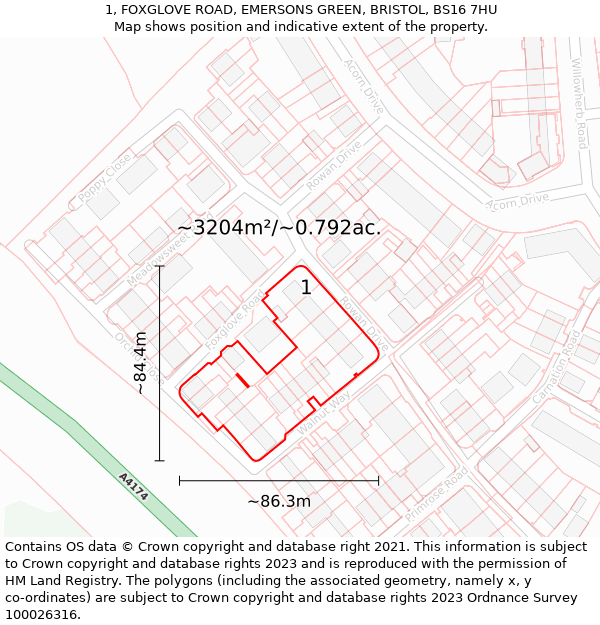 1, FOXGLOVE ROAD, EMERSONS GREEN, BRISTOL, BS16 7HU: Plot and title map