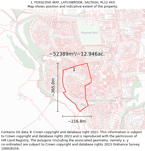 1, FOXGLOVE WAY, LATCHBROOK, SALTASH, PL12 4XX: Plot and title map