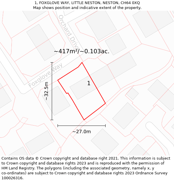 1, FOXGLOVE WAY, LITTLE NESTON, NESTON, CH64 0XQ: Plot and title map