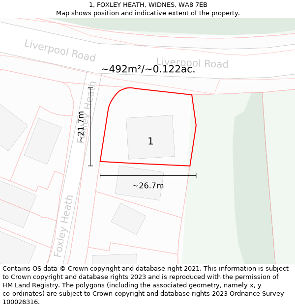 1, FOXLEY HEATH, WIDNES, WA8 7EB: Plot and title map