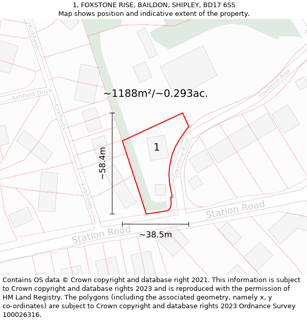 1, FOXSTONE RISE, BAILDON, SHIPLEY, BD17 6SS: Plot and title map