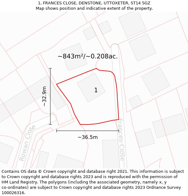 1, FRANCES CLOSE, DENSTONE, UTTOXETER, ST14 5GZ: Plot and title map