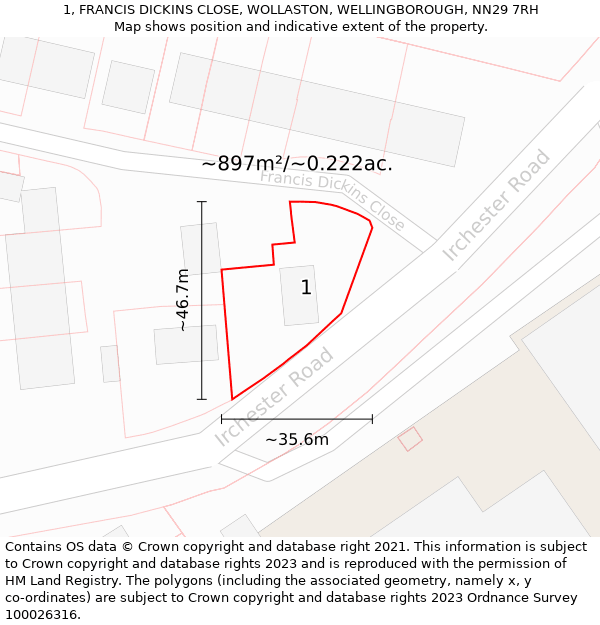 1, FRANCIS DICKINS CLOSE, WOLLASTON, WELLINGBOROUGH, NN29 7RH: Plot and title map