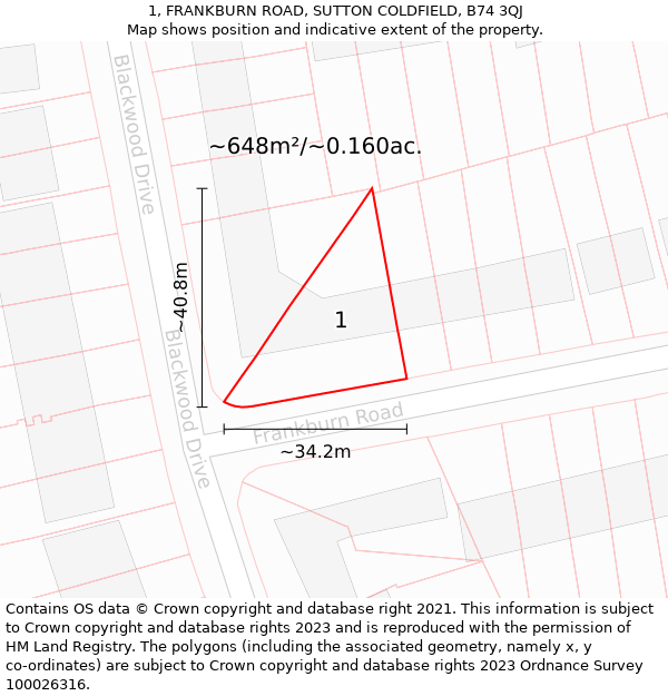 1, FRANKBURN ROAD, SUTTON COLDFIELD, B74 3QJ: Plot and title map