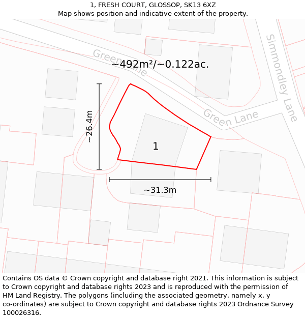 1, FRESH COURT, GLOSSOP, SK13 6XZ: Plot and title map