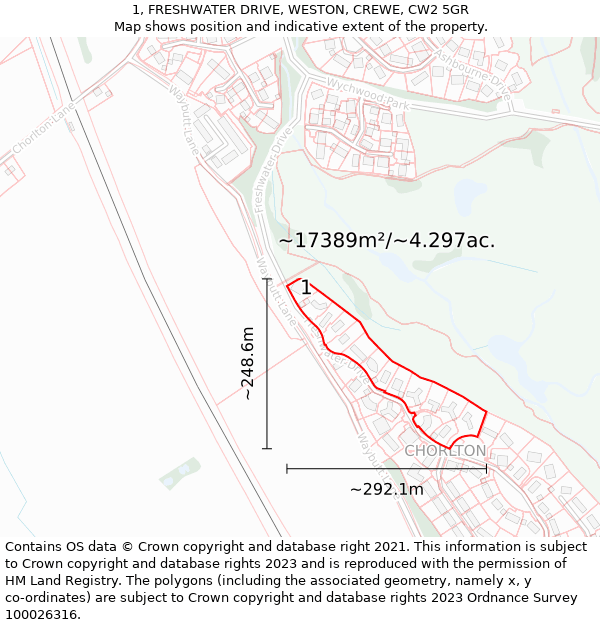 1, FRESHWATER DRIVE, WESTON, CREWE, CW2 5GR: Plot and title map