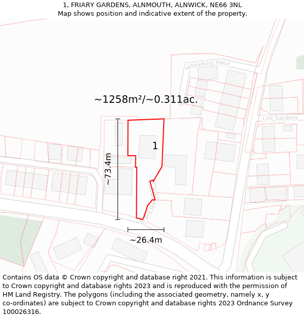 1, FRIARY GARDENS, ALNMOUTH, ALNWICK, NE66 3NL: Plot and title map