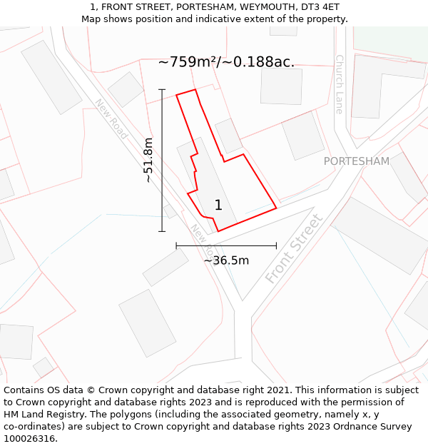 1, FRONT STREET, PORTESHAM, WEYMOUTH, DT3 4ET: Plot and title map