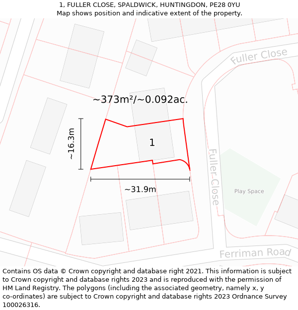 1, FULLER CLOSE, SPALDWICK, HUNTINGDON, PE28 0YU: Plot and title map