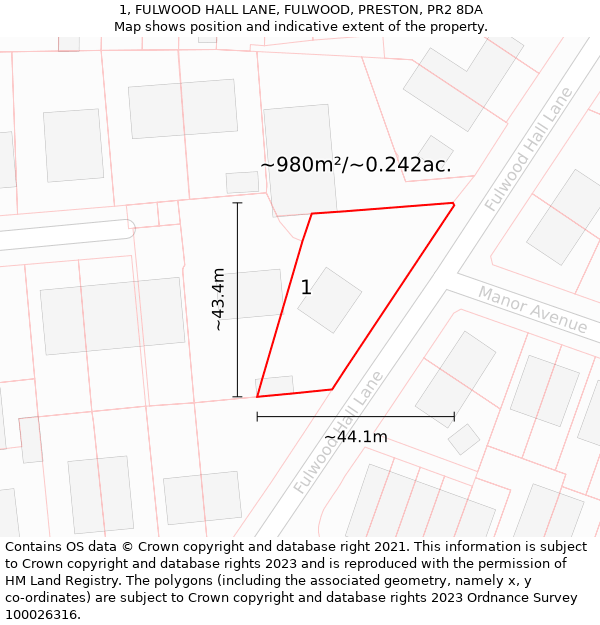 1, FULWOOD HALL LANE, FULWOOD, PRESTON, PR2 8DA: Plot and title map