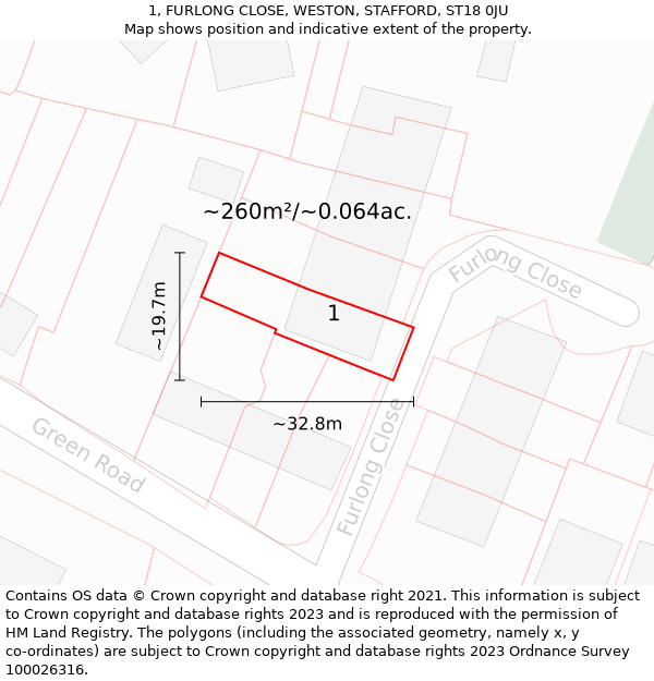 1, FURLONG CLOSE, WESTON, STAFFORD, ST18 0JU: Plot and title map