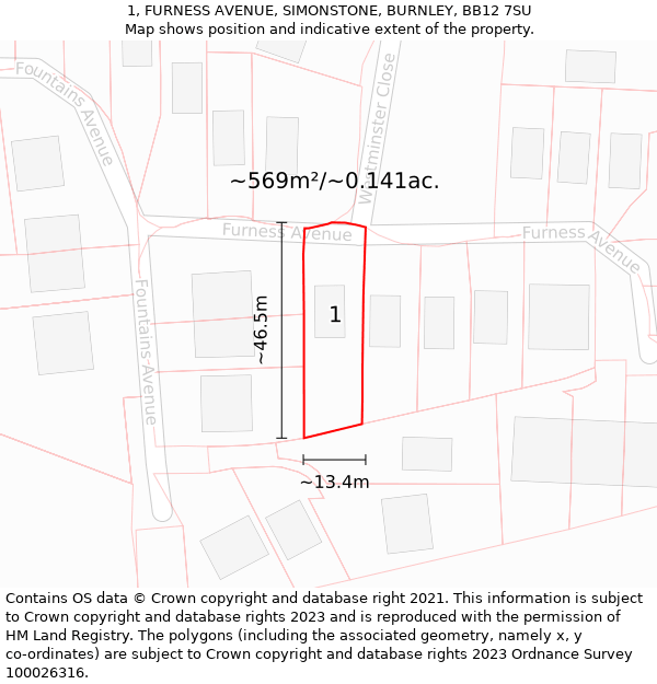 1, FURNESS AVENUE, SIMONSTONE, BURNLEY, BB12 7SU: Plot and title map