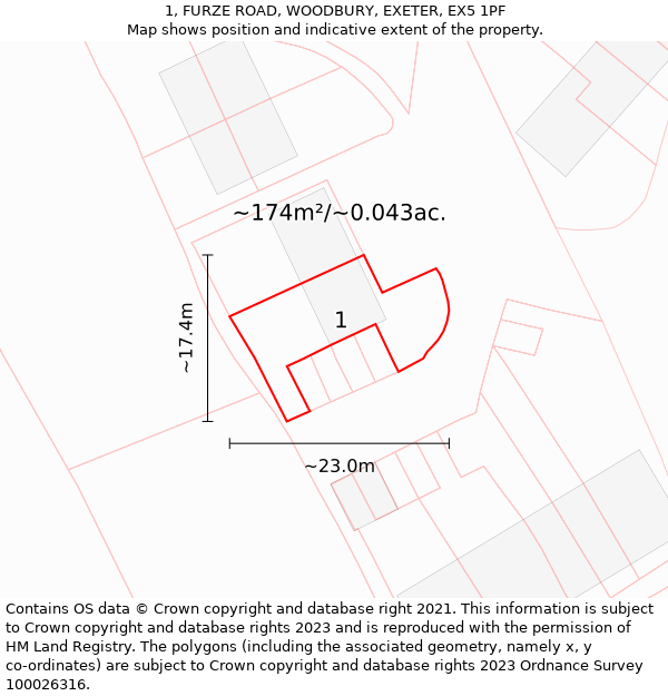 1, FURZE ROAD, WOODBURY, EXETER, EX5 1PF: Plot and title map