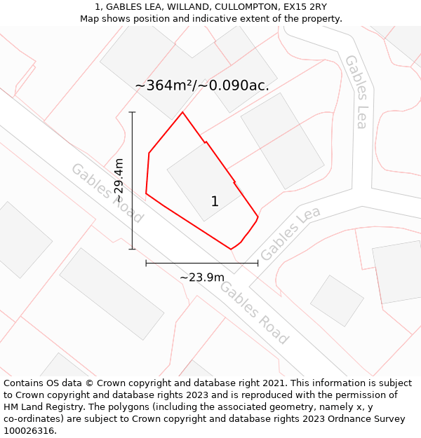 1, GABLES LEA, WILLAND, CULLOMPTON, EX15 2RY: Plot and title map