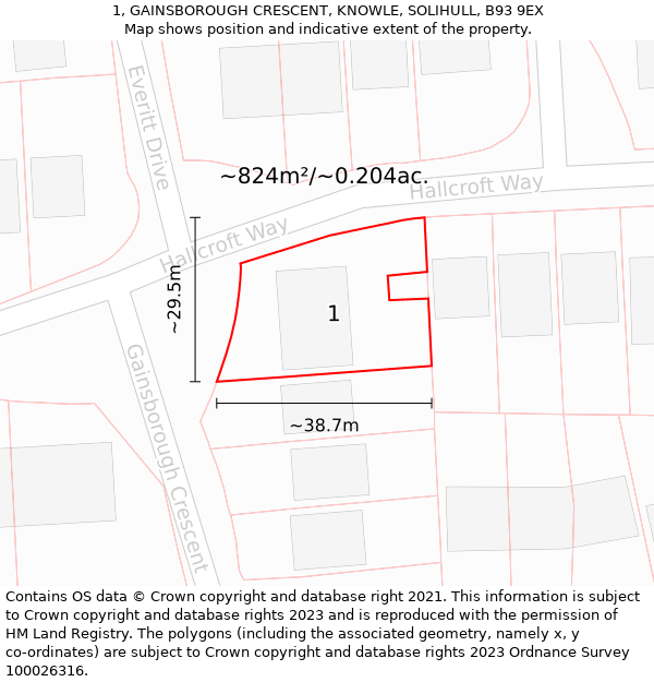 1, GAINSBOROUGH CRESCENT, KNOWLE, SOLIHULL, B93 9EX: Plot and title map