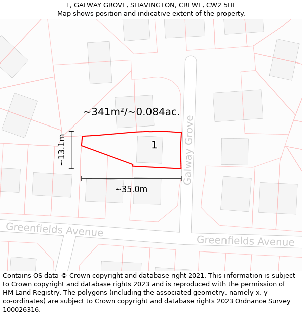 1, GALWAY GROVE, SHAVINGTON, CREWE, CW2 5HL: Plot and title map