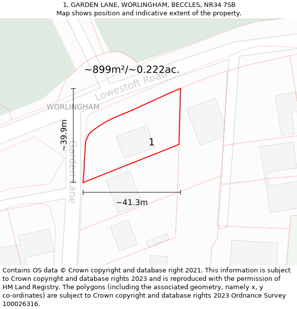 1, GARDEN LANE, WORLINGHAM, BECCLES, NR34 7SB: Plot and title map