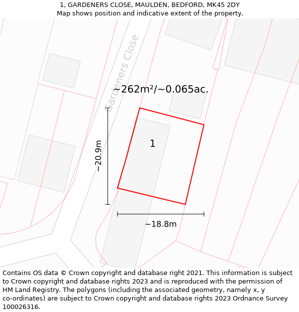 1, GARDENERS CLOSE, MAULDEN, BEDFORD, MK45 2DY: Plot and title map