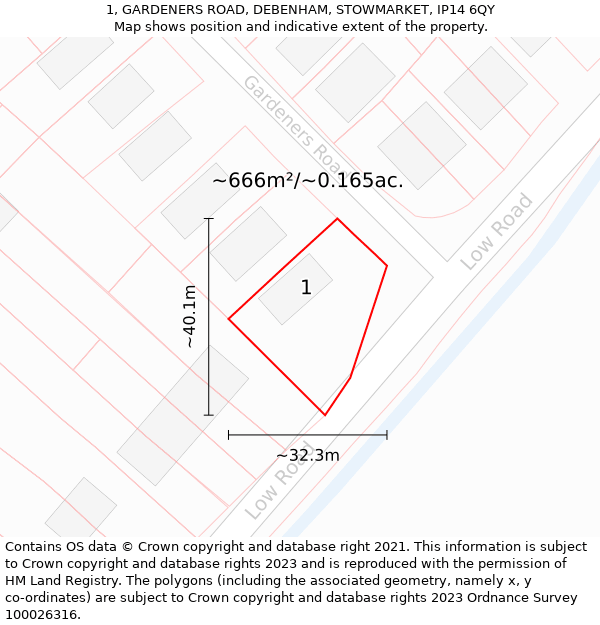 1, GARDENERS ROAD, DEBENHAM, STOWMARKET, IP14 6QY: Plot and title map