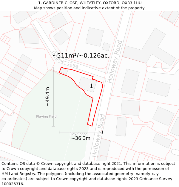 1, GARDINER CLOSE, WHEATLEY, OXFORD, OX33 1HU: Plot and title map