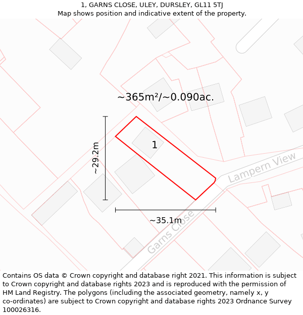 1, GARNS CLOSE, ULEY, DURSLEY, GL11 5TJ: Plot and title map