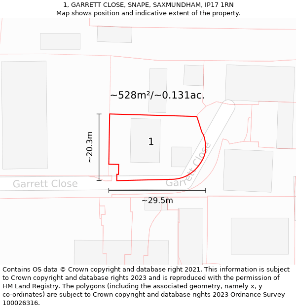 1, GARRETT CLOSE, SNAPE, SAXMUNDHAM, IP17 1RN: Plot and title map