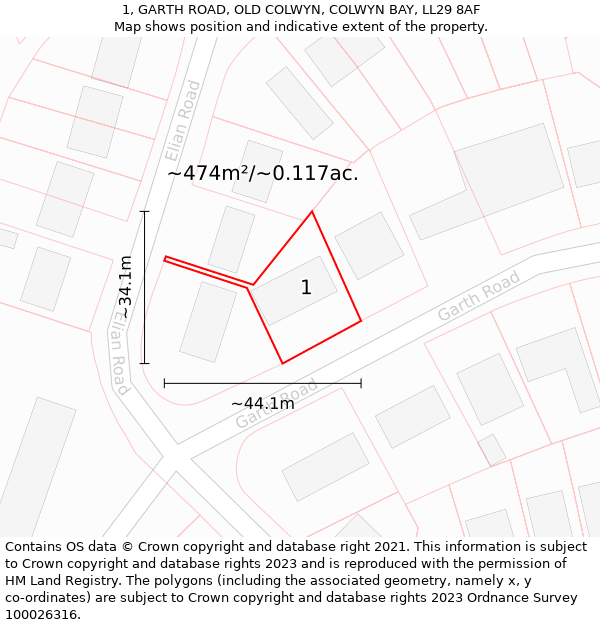 1, GARTH ROAD, OLD COLWYN, COLWYN BAY, LL29 8AF: Plot and title map