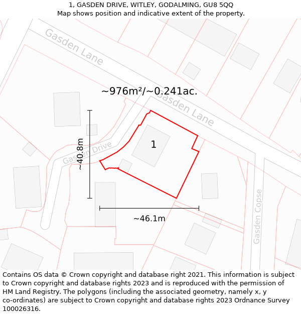 1, GASDEN DRIVE, WITLEY, GODALMING, GU8 5QQ: Plot and title map