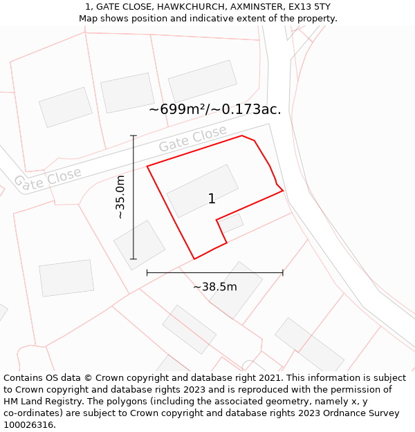 1, GATE CLOSE, HAWKCHURCH, AXMINSTER, EX13 5TY: Plot and title map