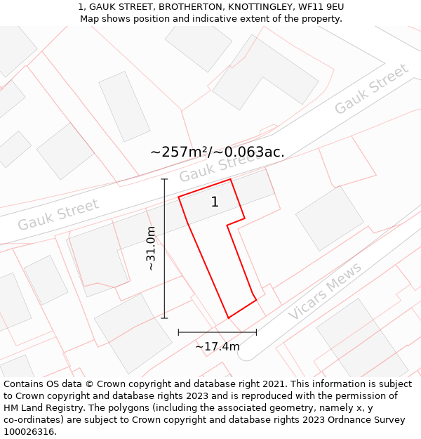 1, GAUK STREET, BROTHERTON, KNOTTINGLEY, WF11 9EU: Plot and title map