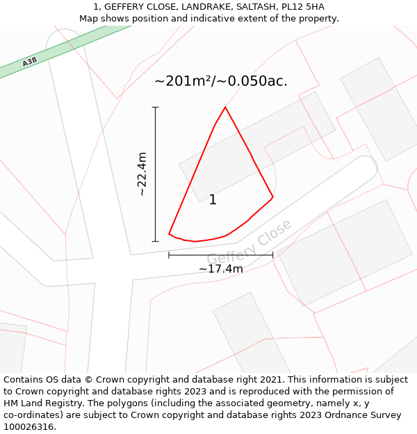 1, GEFFERY CLOSE, LANDRAKE, SALTASH, PL12 5HA: Plot and title map