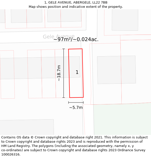 1, GELE AVENUE, ABERGELE, LL22 7BB: Plot and title map