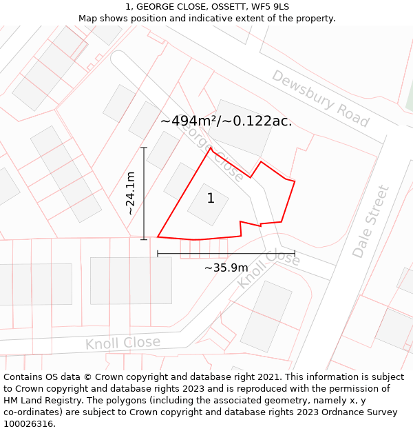 1, GEORGE CLOSE, OSSETT, WF5 9LS: Plot and title map