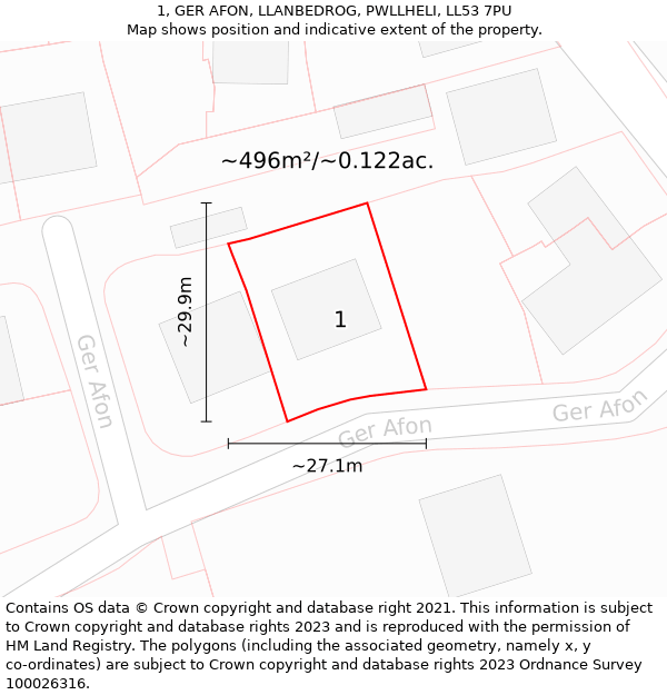 1, GER AFON, LLANBEDROG, PWLLHELI, LL53 7PU: Plot and title map