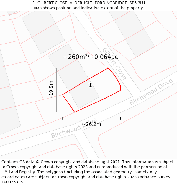 1, GILBERT CLOSE, ALDERHOLT, FORDINGBRIDGE, SP6 3LU: Plot and title map