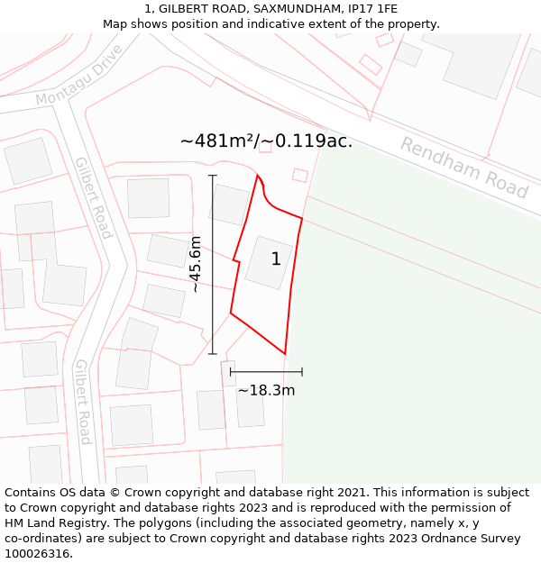 1, GILBERT ROAD, SAXMUNDHAM, IP17 1FE: Plot and title map
