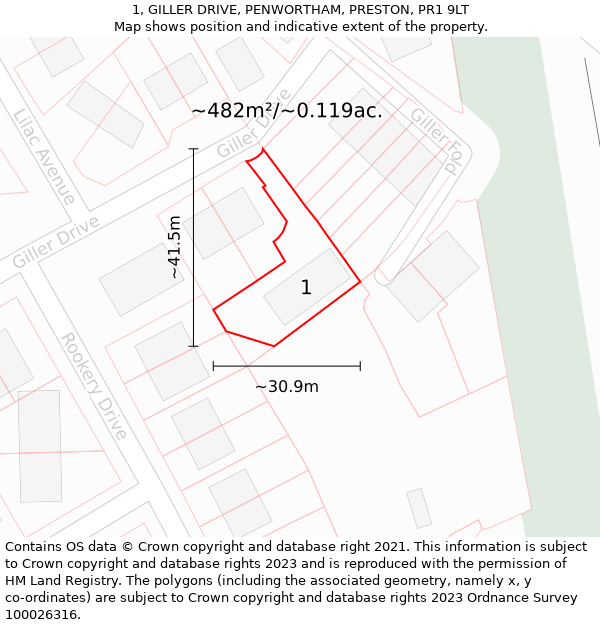 1, GILLER DRIVE, PENWORTHAM, PRESTON, PR1 9LT: Plot and title map