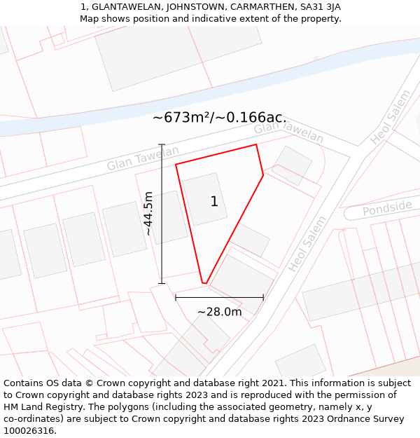 1, GLANTAWELAN, JOHNSTOWN, CARMARTHEN, SA31 3JA: Plot and title map