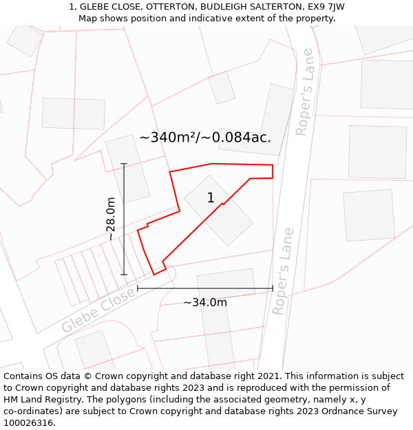 1, GLEBE CLOSE, OTTERTON, BUDLEIGH SALTERTON, EX9 7JW: Plot and title map