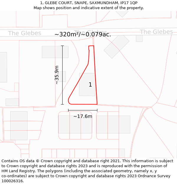 1, GLEBE COURT, SNAPE, SAXMUNDHAM, IP17 1QP: Plot and title map