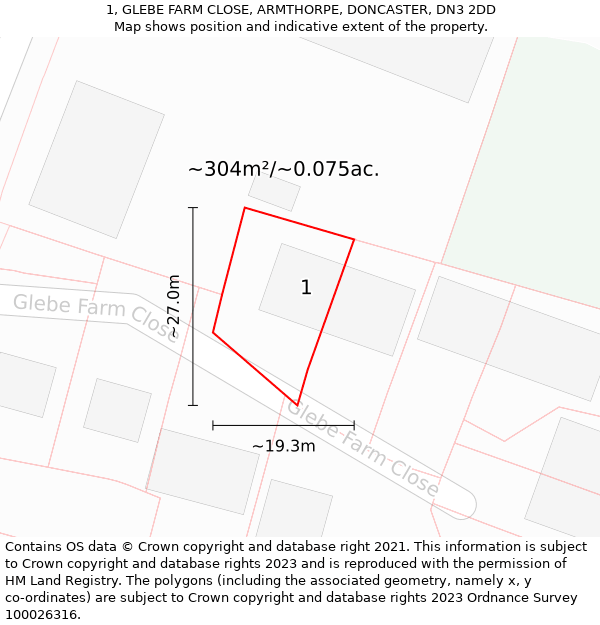 1, GLEBE FARM CLOSE, ARMTHORPE, DONCASTER, DN3 2DD: Plot and title map