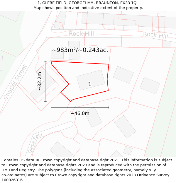 1, GLEBE FIELD, GEORGEHAM, BRAUNTON, EX33 1QL: Plot and title map