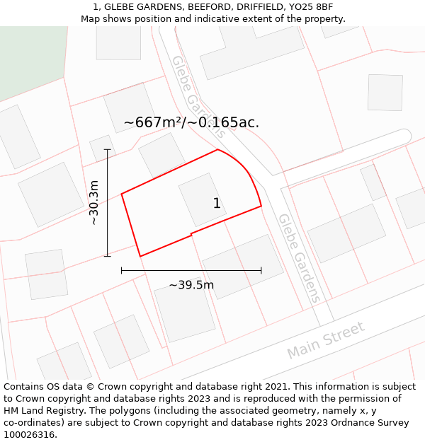 1, GLEBE GARDENS, BEEFORD, DRIFFIELD, YO25 8BF: Plot and title map