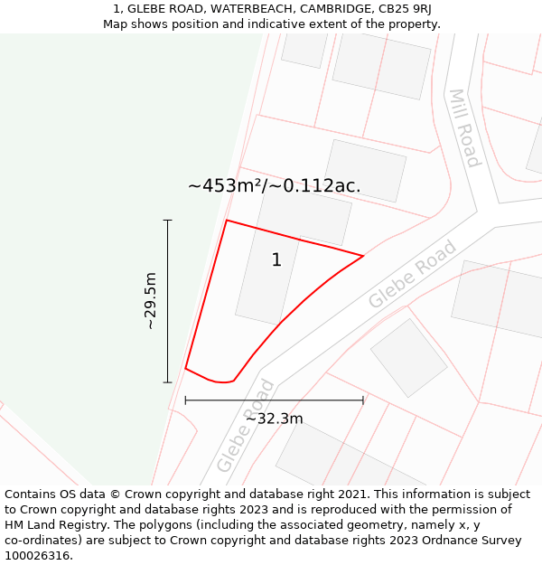 1, GLEBE ROAD, WATERBEACH, CAMBRIDGE, CB25 9RJ: Plot and title map