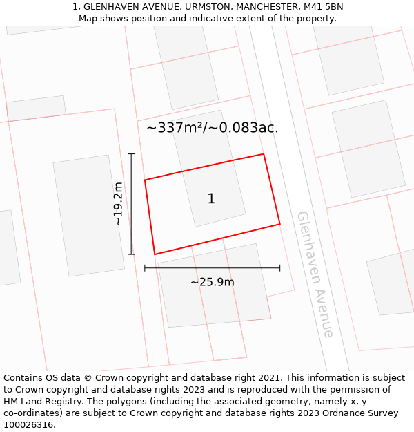 1, GLENHAVEN AVENUE, URMSTON, MANCHESTER, M41 5BN: Plot and title map